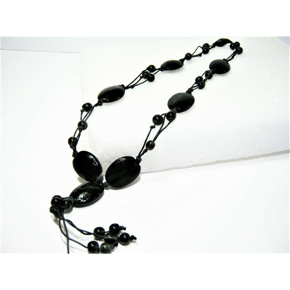 Black Agate beaded Corded Casual style Hippie BOHO Tassel Drop Necklace- 24 inch - Picture 1 of 4